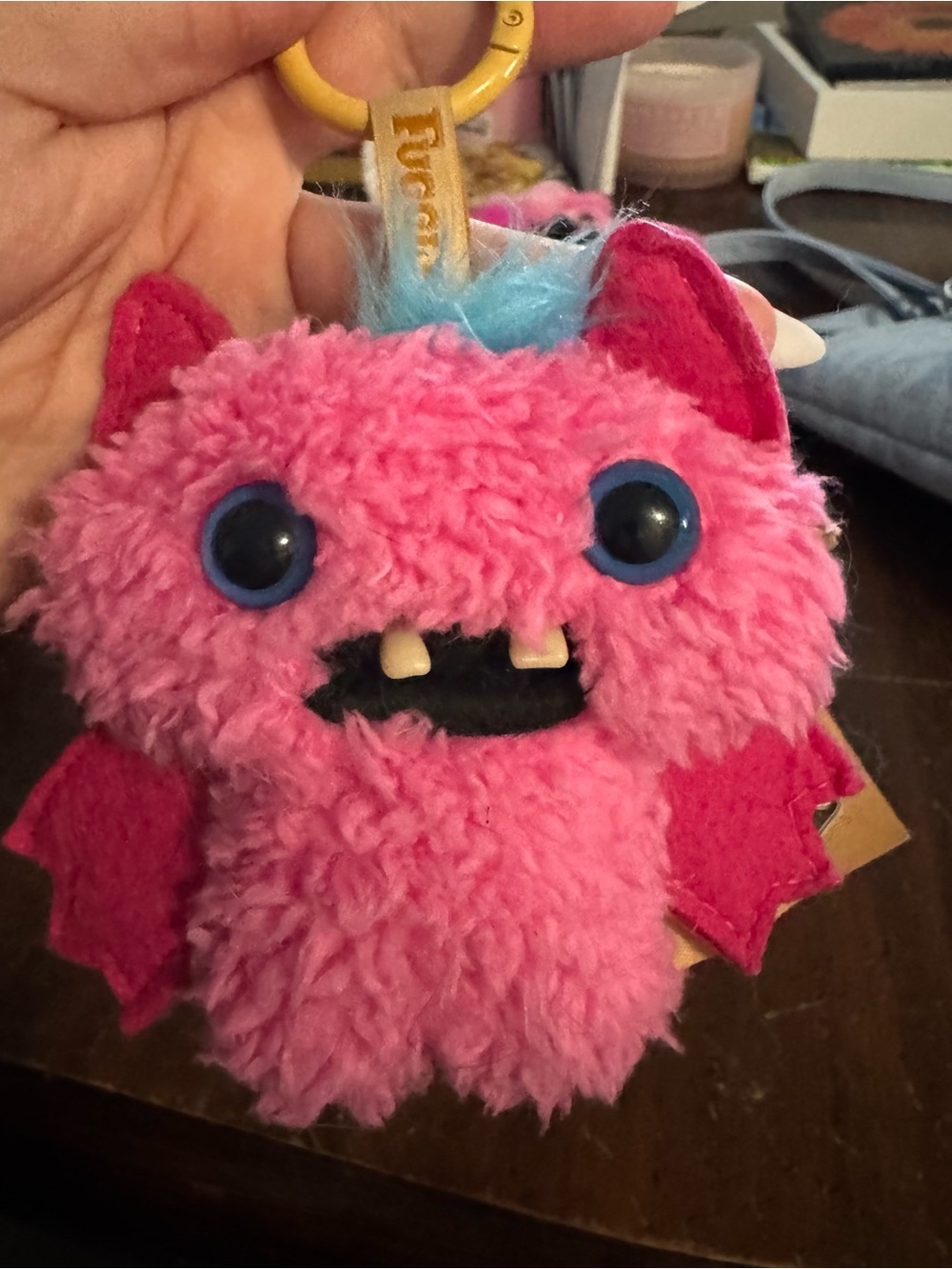 Fuzzy Pink bat fuggler Keychain